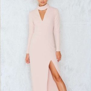 Blush pink long sleeve front slit maxi gown.